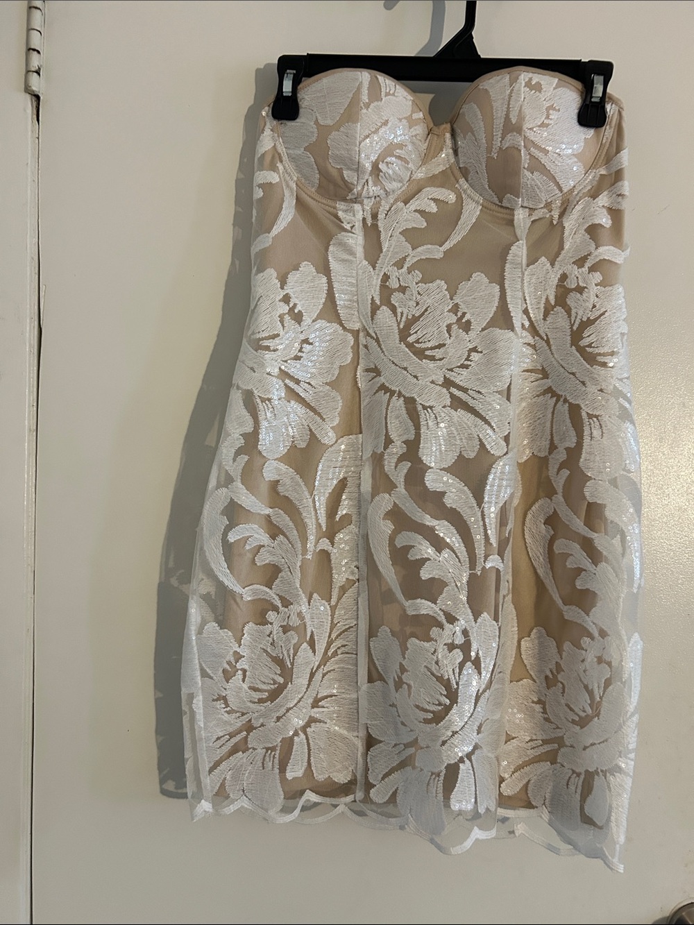 Fashion Nova Strapless Lace Overlay Dress in Nude and White
